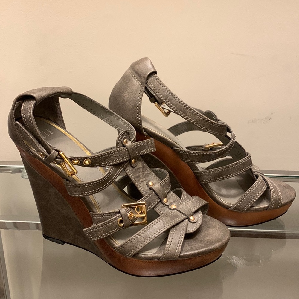 Gray Stone Wedge with Chocolate Brown Platform Sandal Heels